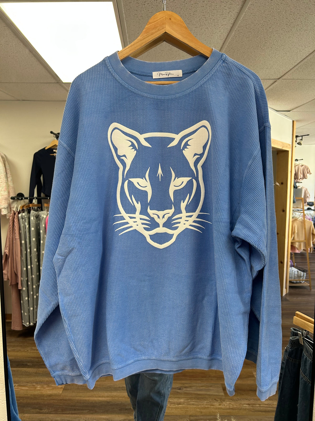 Puff Cougar Head Corded Crewneck | Marine