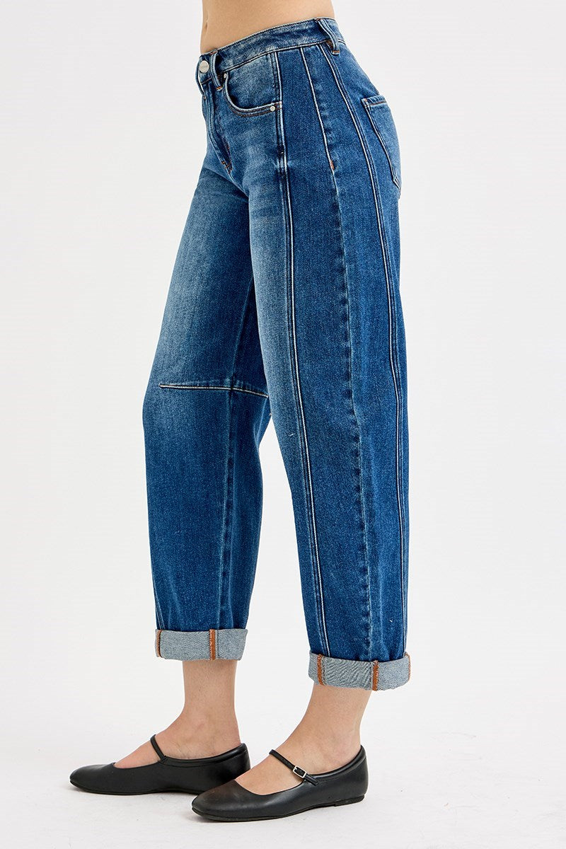 Risen High-Rise Crop Barrel Cuffed Jeans | Dark