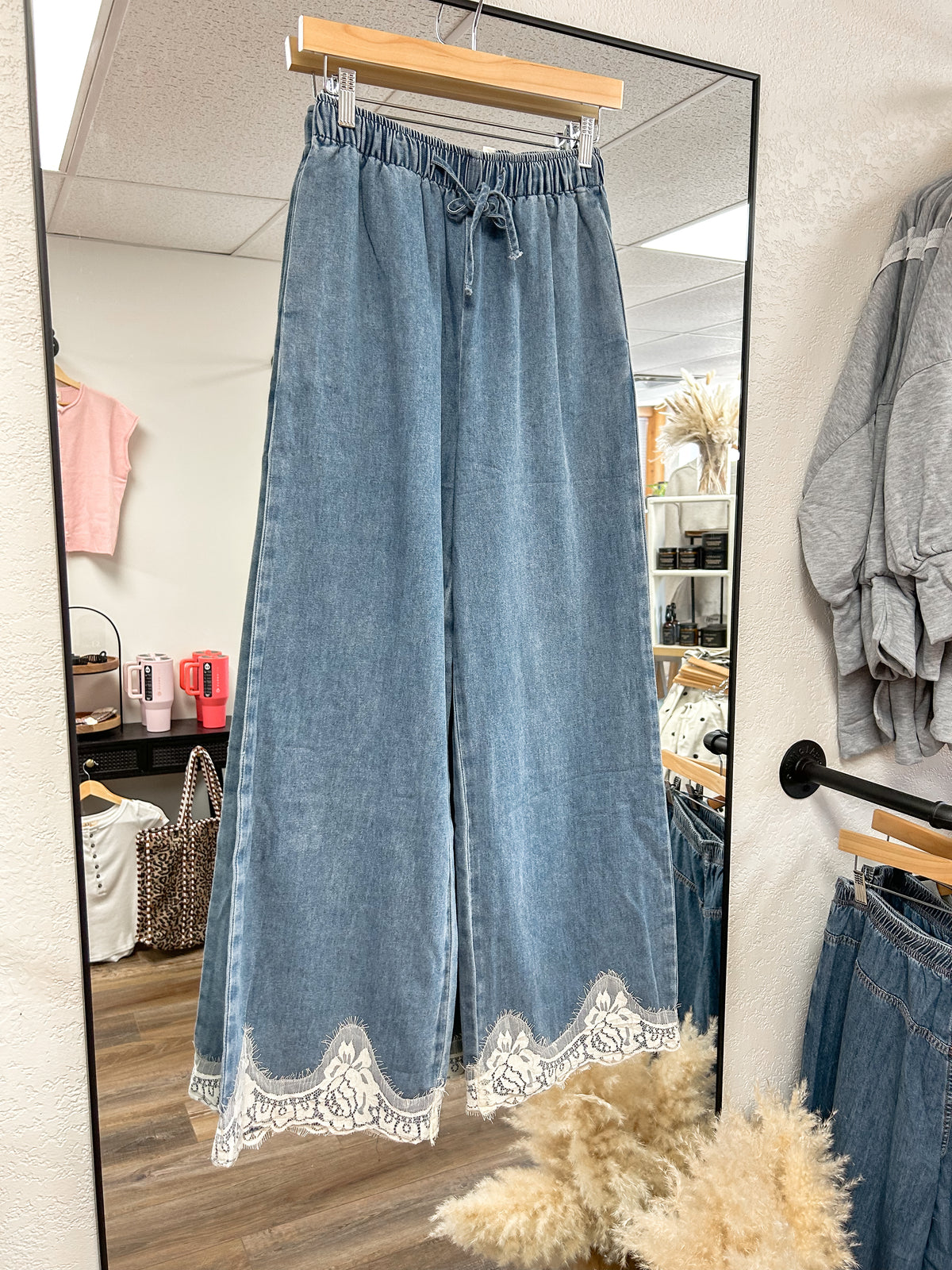 Hattie Lace Trim Wide Leg Denim Pants