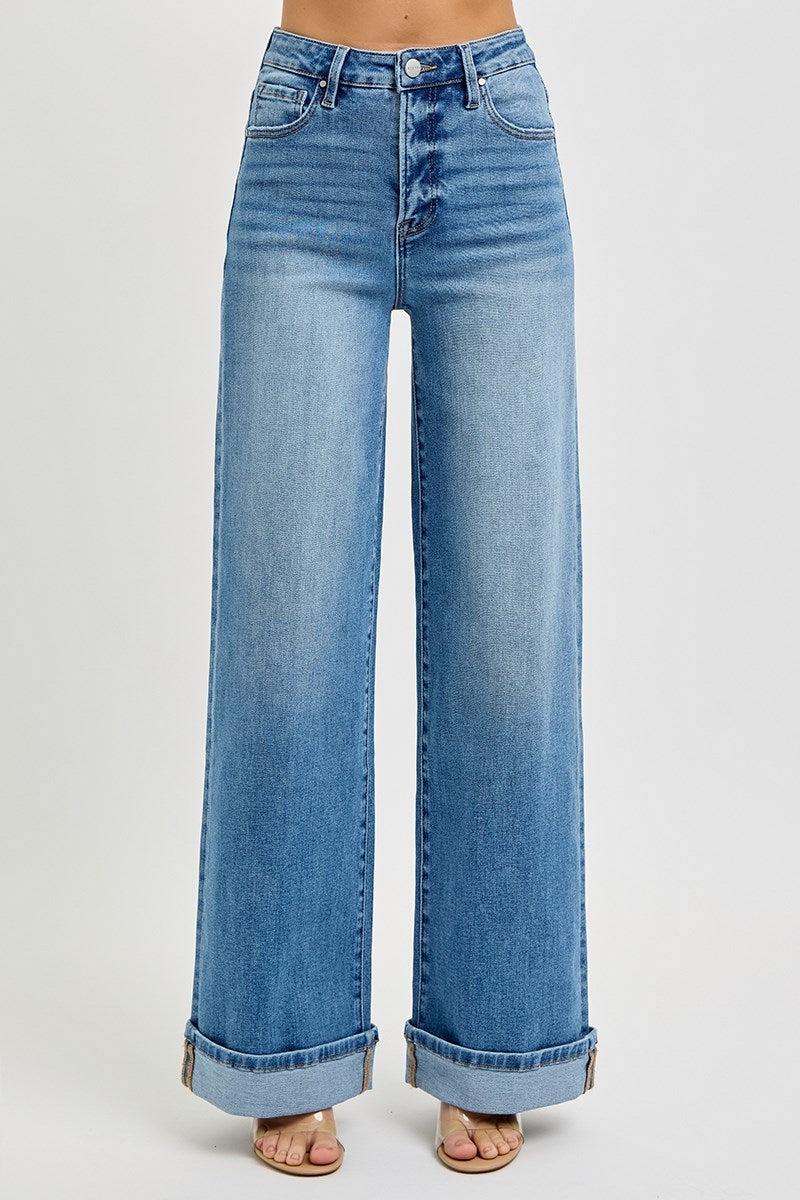 Risen Tummy Control High-Rise Wide Cuffed Jeans