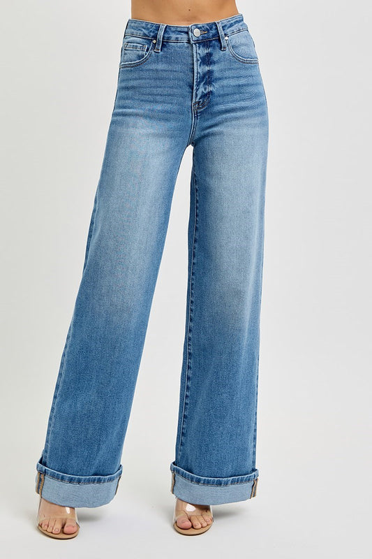 Risen Tummy Control High-Rise Wide Cuffed Jeans