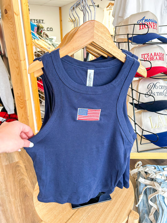 Embroidered Flag Ribbed Tank | Navy