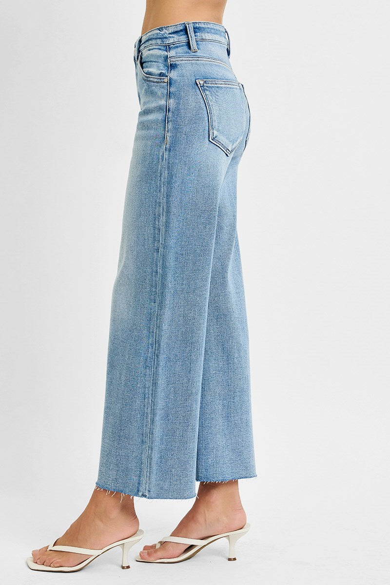 Risen Mid Rise Wide Crop Raw Hem Jeans | Light