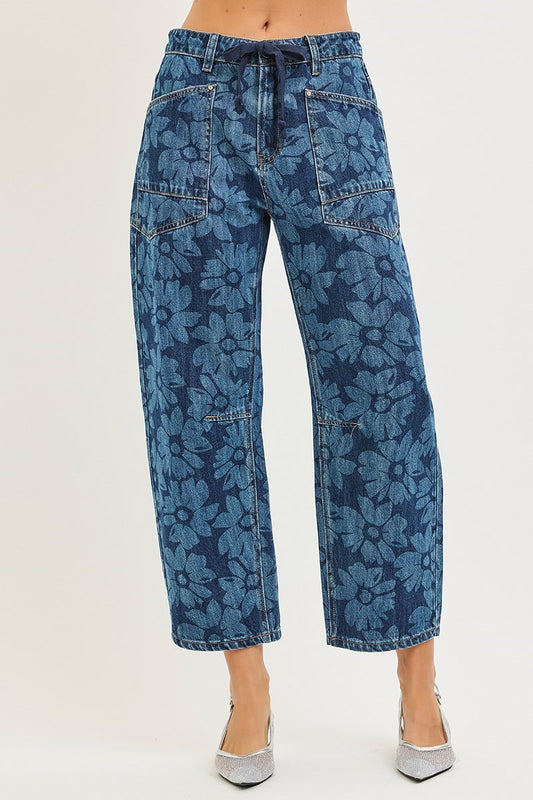 Risen Floral Cropped Barrel Jeans | Dark