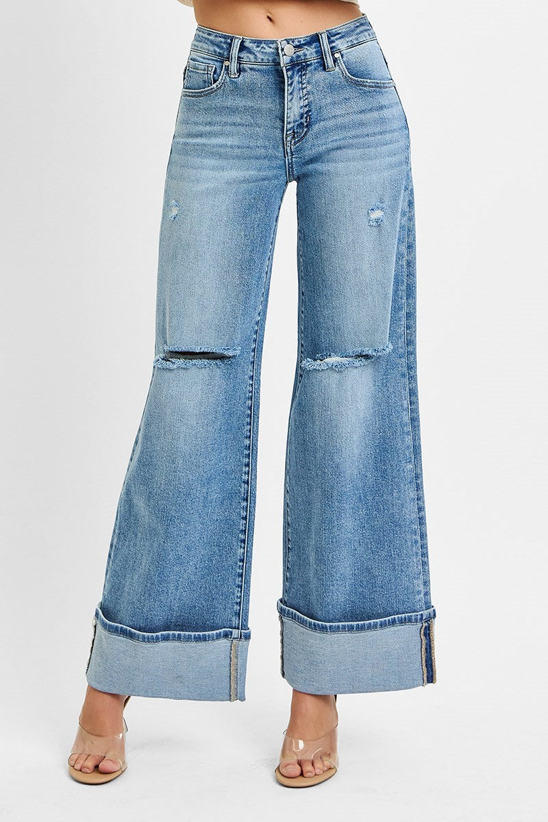 Risen Tummy Control Mid-Rise Wide Cuffed Jeans