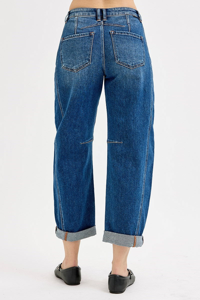 Risen High-Rise Crop Barrel Cuffed Jeans | Dark
