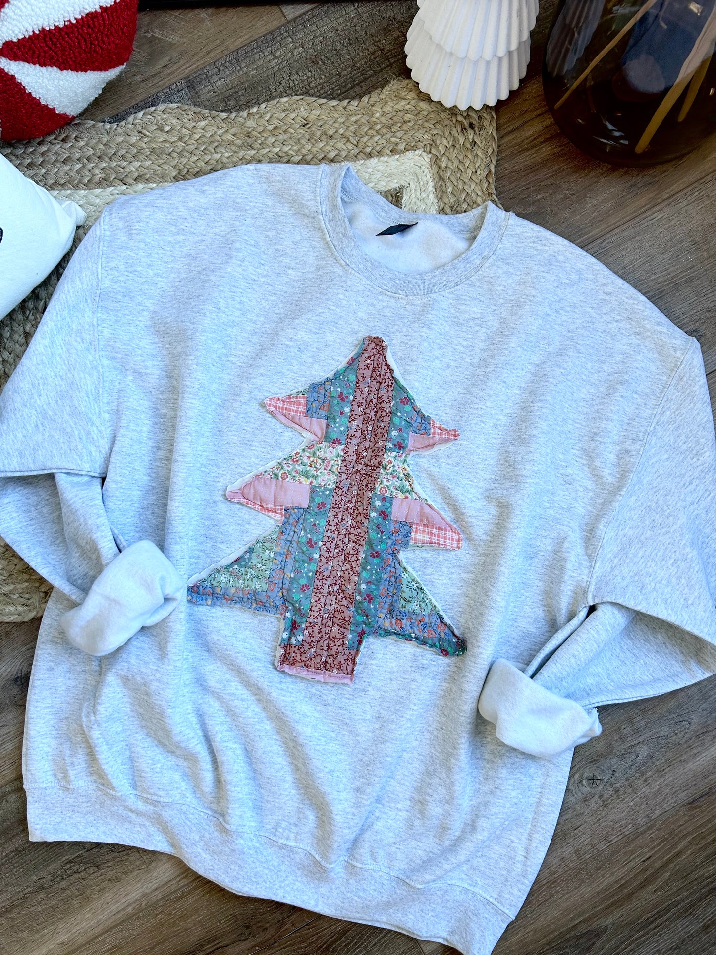 Pink Tree Quilted Patchwork Crewneck | Ash Gray - XL