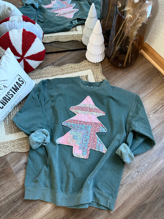 Pink Tree Quilted Patchwork Crewneck | Blue Spruce - XL