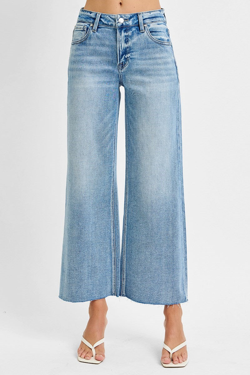 Risen Mid Rise Wide Crop Raw Hem Jeans | Light