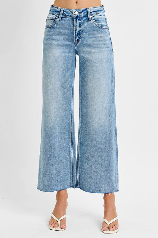 Risen Mid Rise Wide Crop Raw Hem Jeans | Light