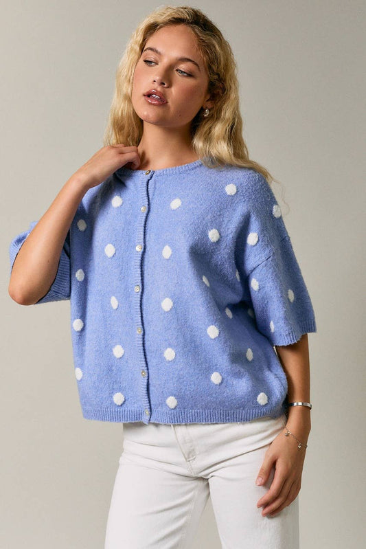Elsa Polka Dot Sweater Cardigan Top | Blue