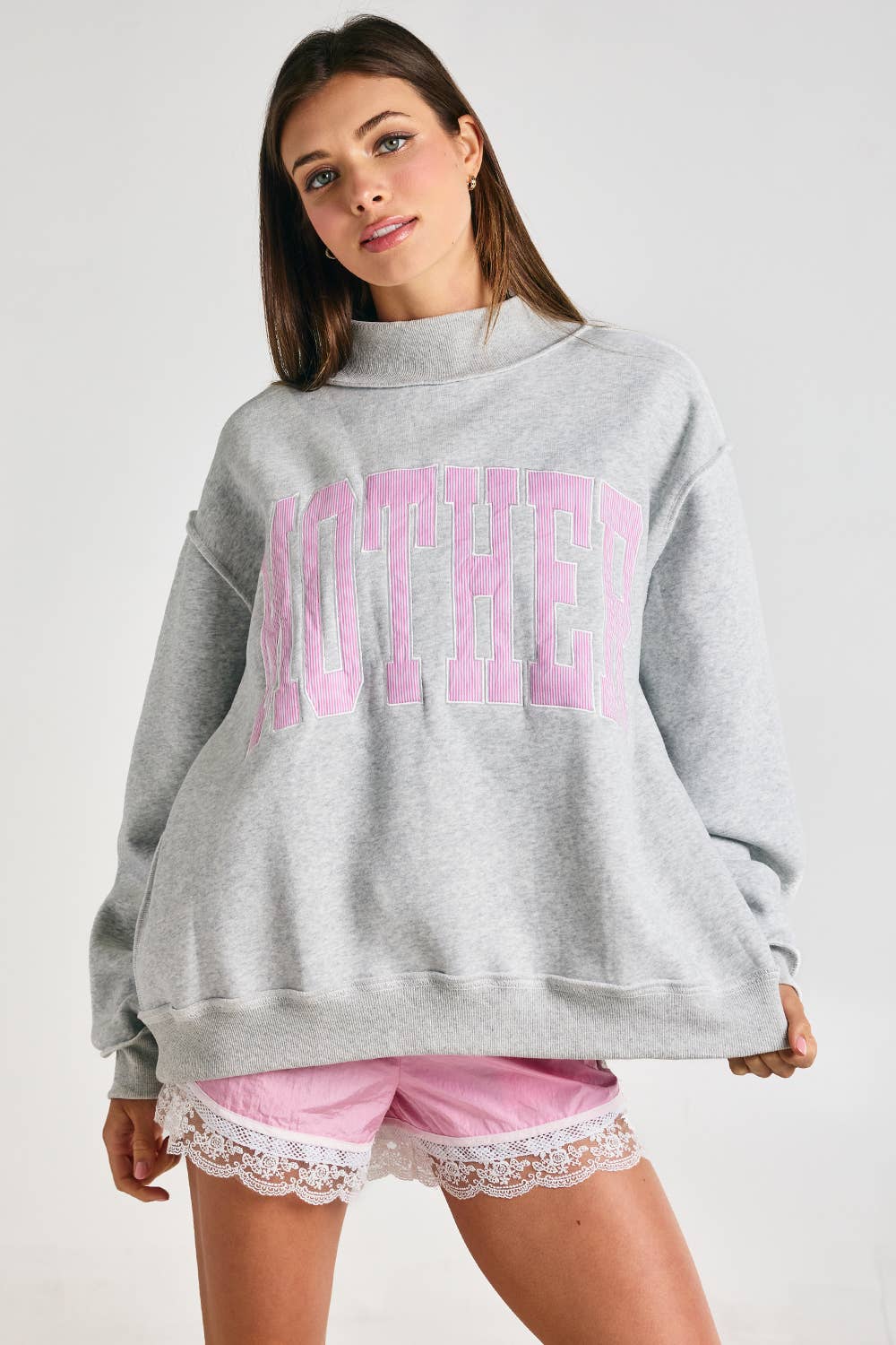 Mother Embroidered Mock Neck Sweatshirt | Grey/Pink