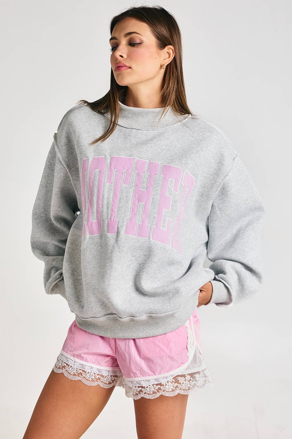 Mother Embroidered Mock Neck Sweatshirt | Grey/Pink