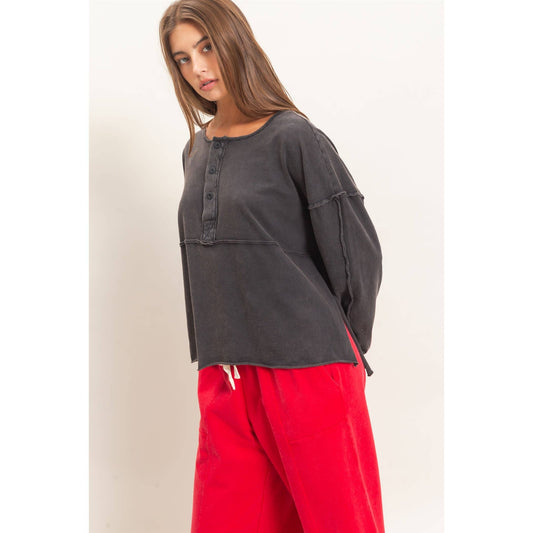 Lane Oversized Henley Top | Black
