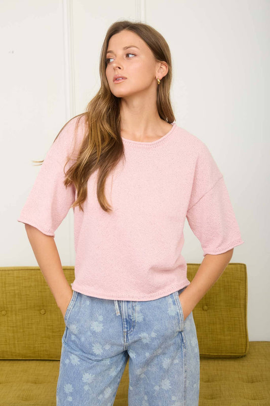 Rae Rolled Edge Knit Sweater | Light Pink