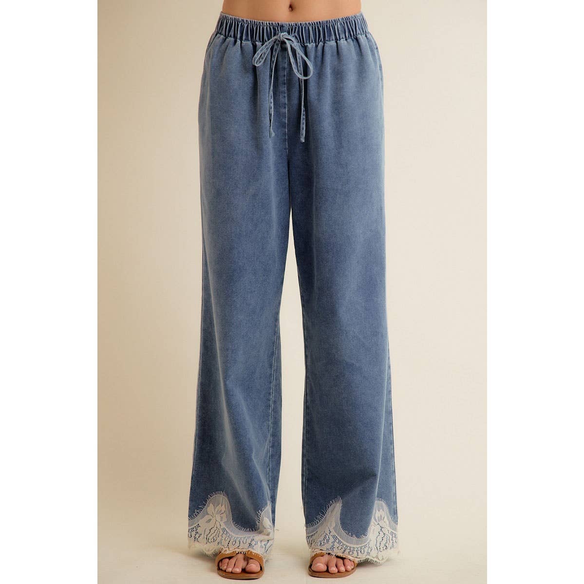 Hattie Lace Trim Wide Leg Denim Pants