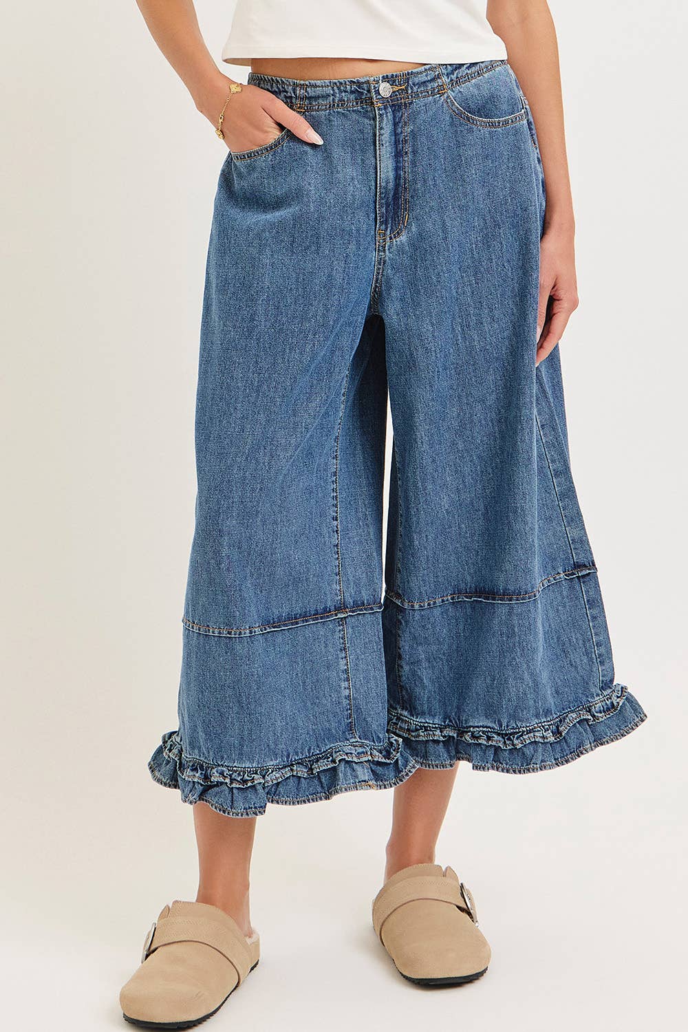 Hayes Wide-Leg Cropped Ruffle Denim