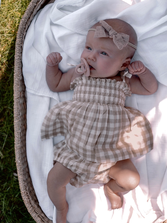 Tan Gingham Organic Cotton Smocked Set