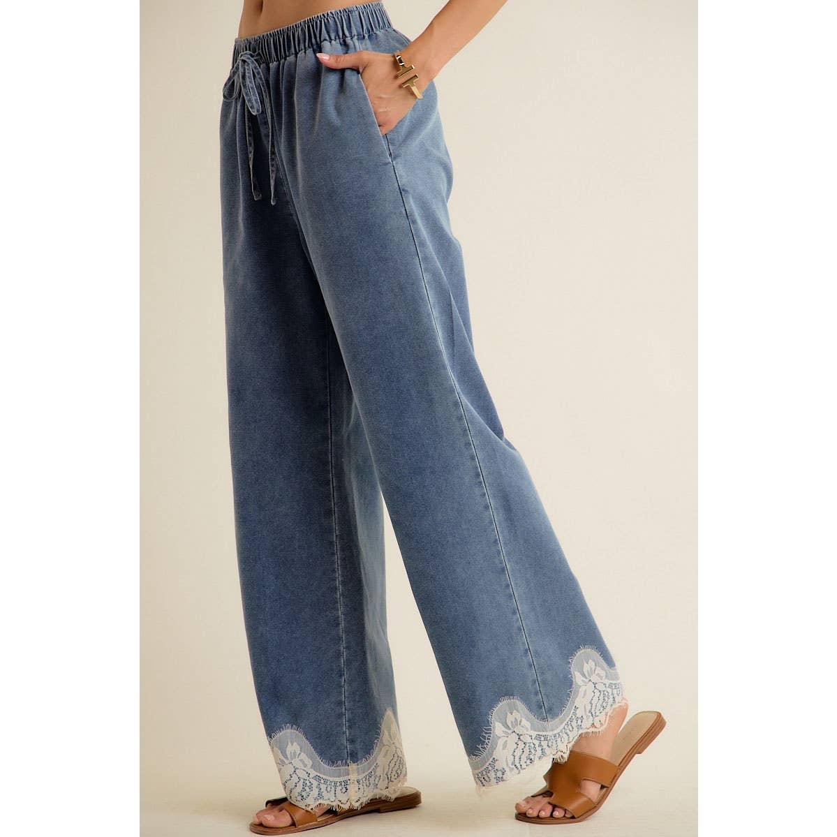 Hattie Lace Trim Wide Leg Denim Pants