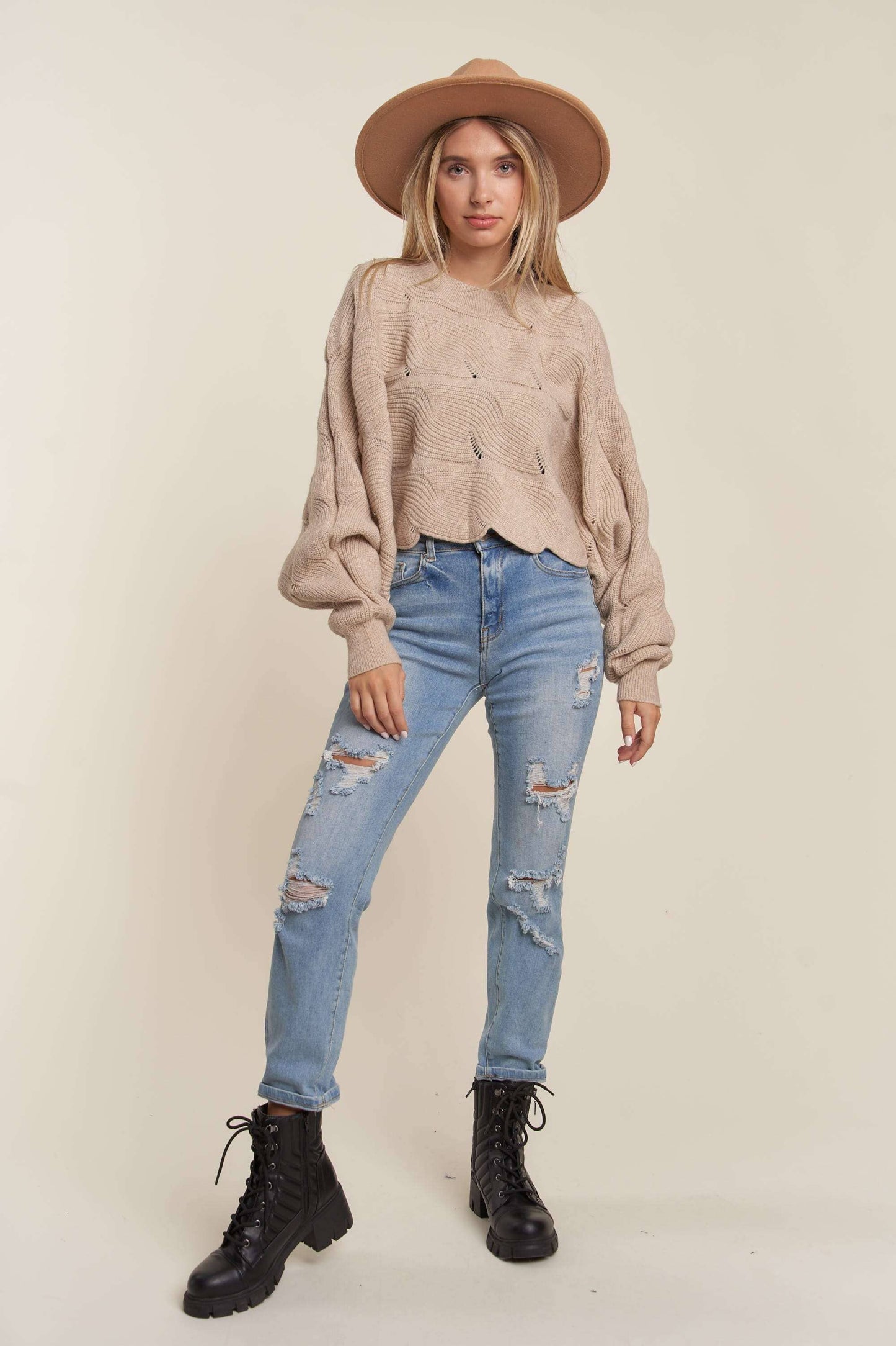 Tallie Scallop Hem Sweater | Khaki