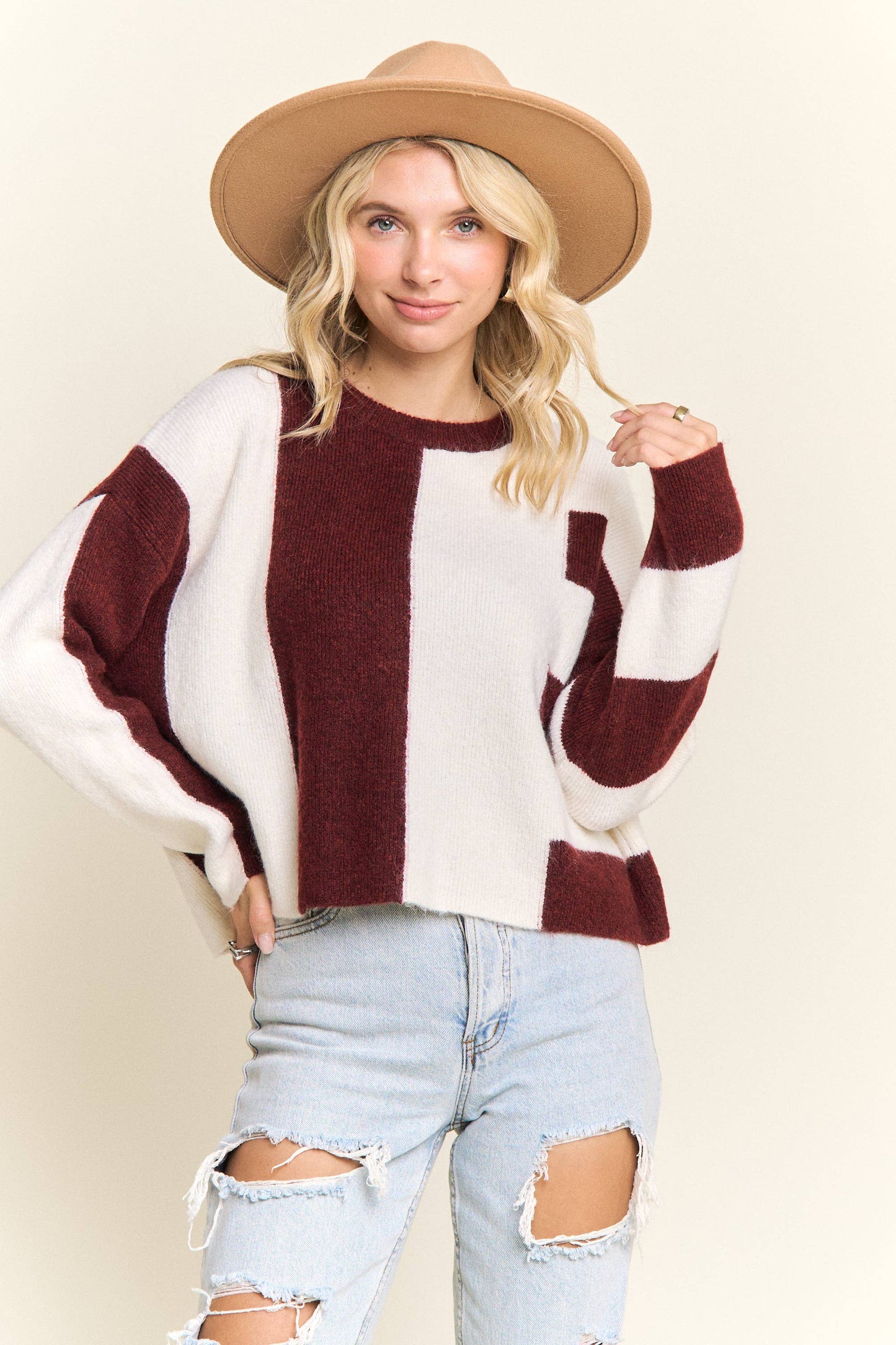 Elowen Color Block Knit Sweater | Burgundy/Ivory