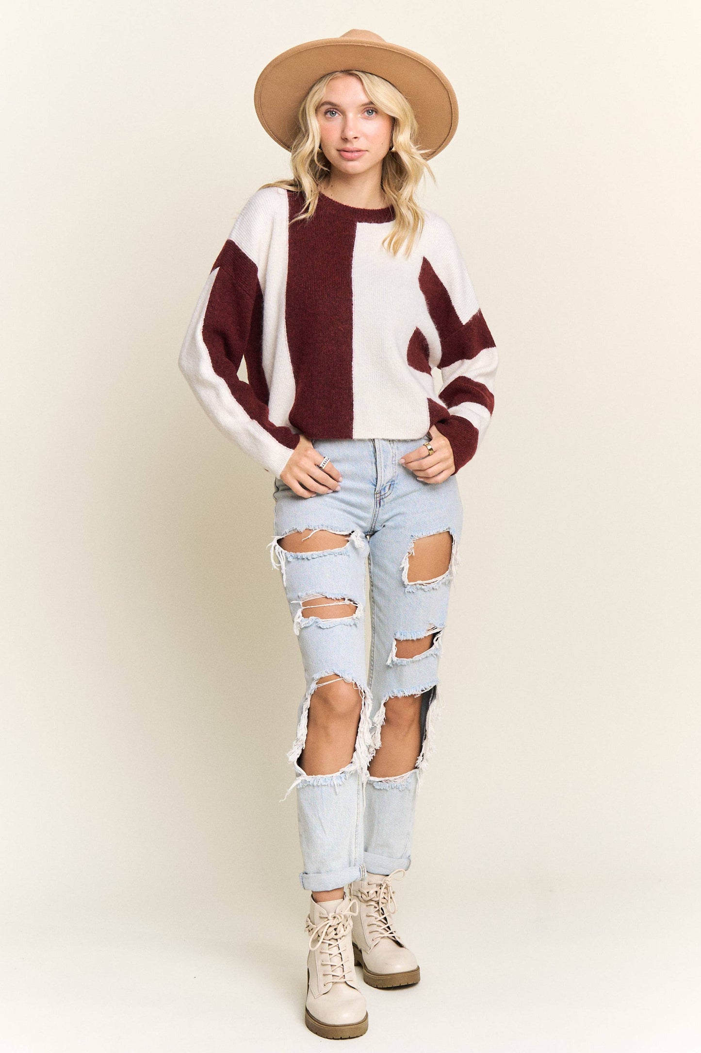 Elowen Color Block Knit Sweater | Burgundy/Ivory