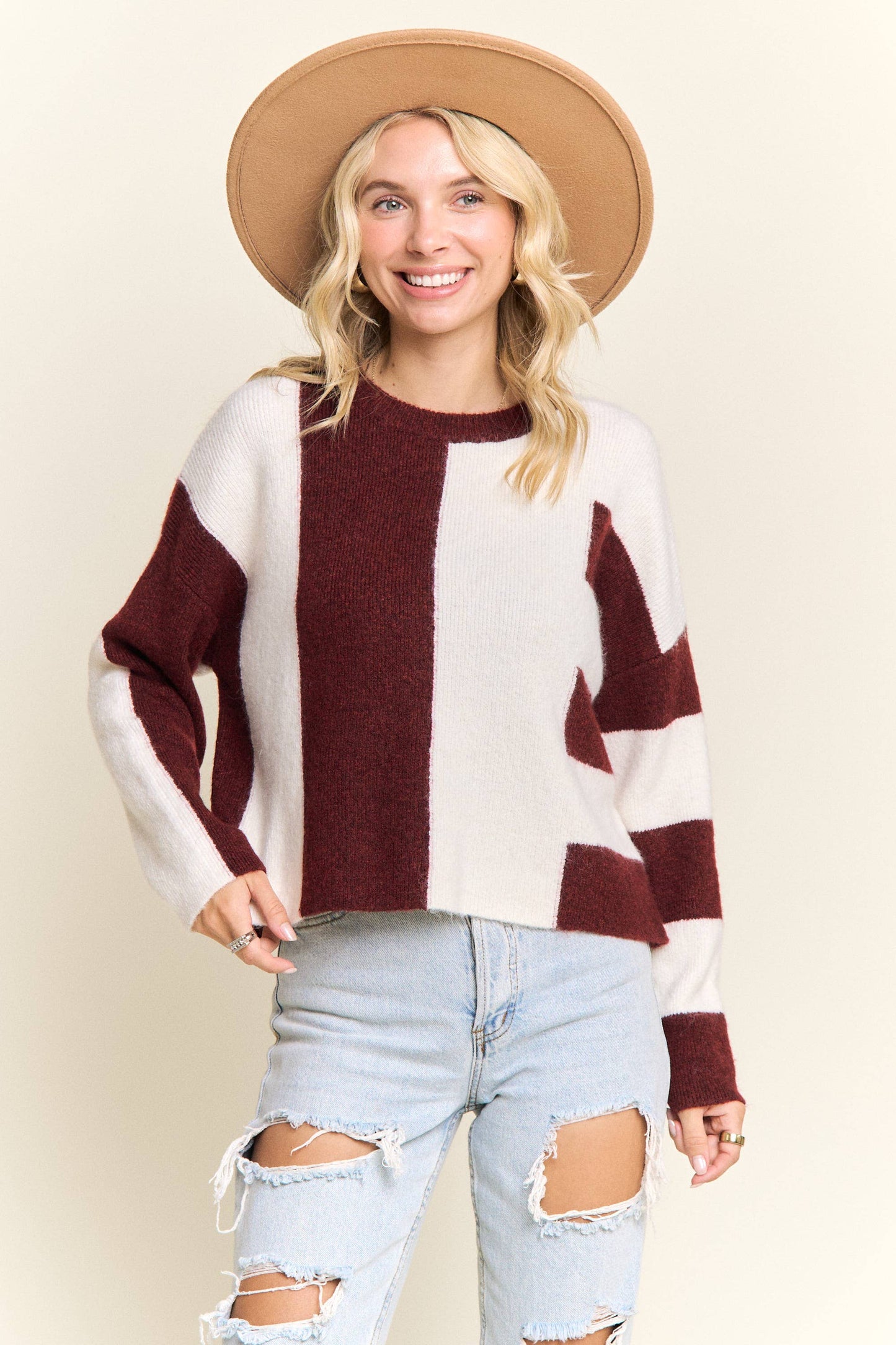 Elowen Color Block Knit Sweater | Burgundy/Ivory