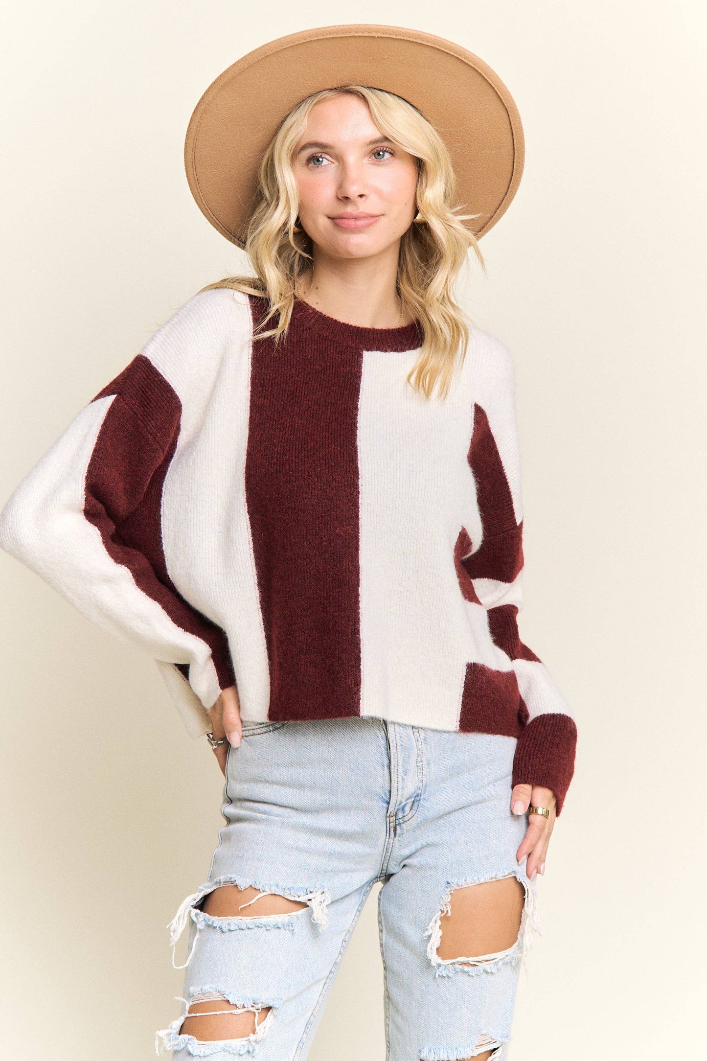 Elowen Color Block Knit Sweater | Burgundy/Ivory
