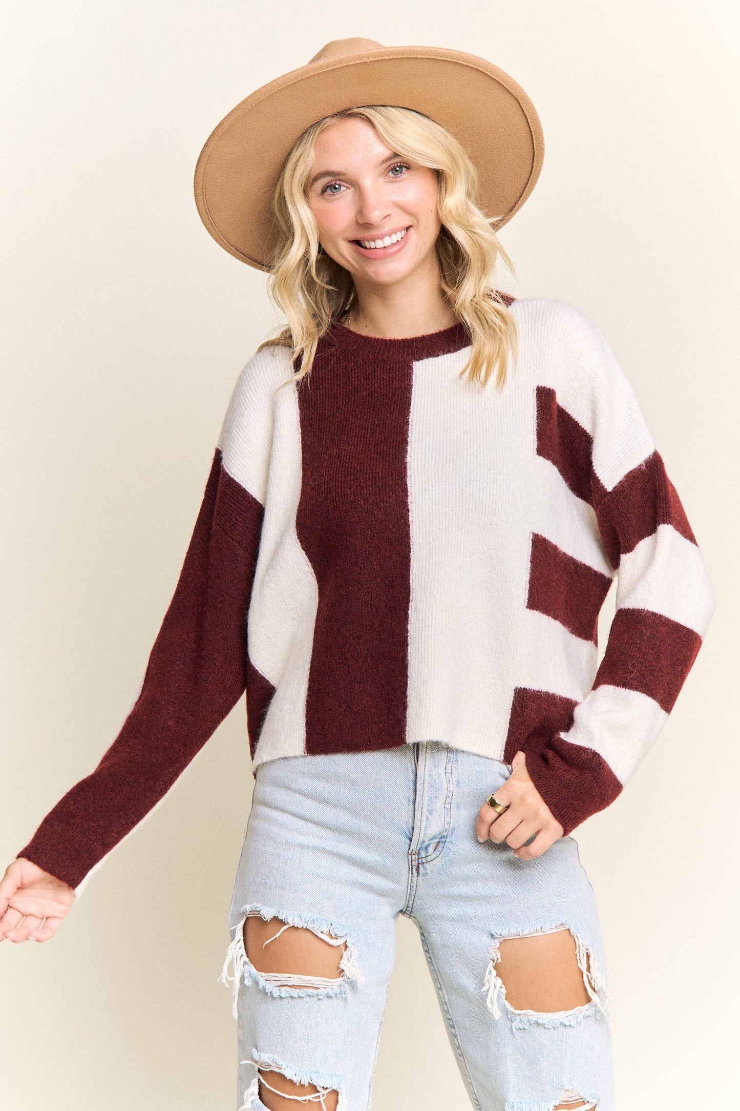 Elowen Color Block Knit Sweater | Burgundy/Ivory